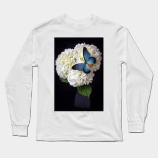 Large Blue Exotic Butterfly On White Hydrangea Long Sleeve T-Shirt